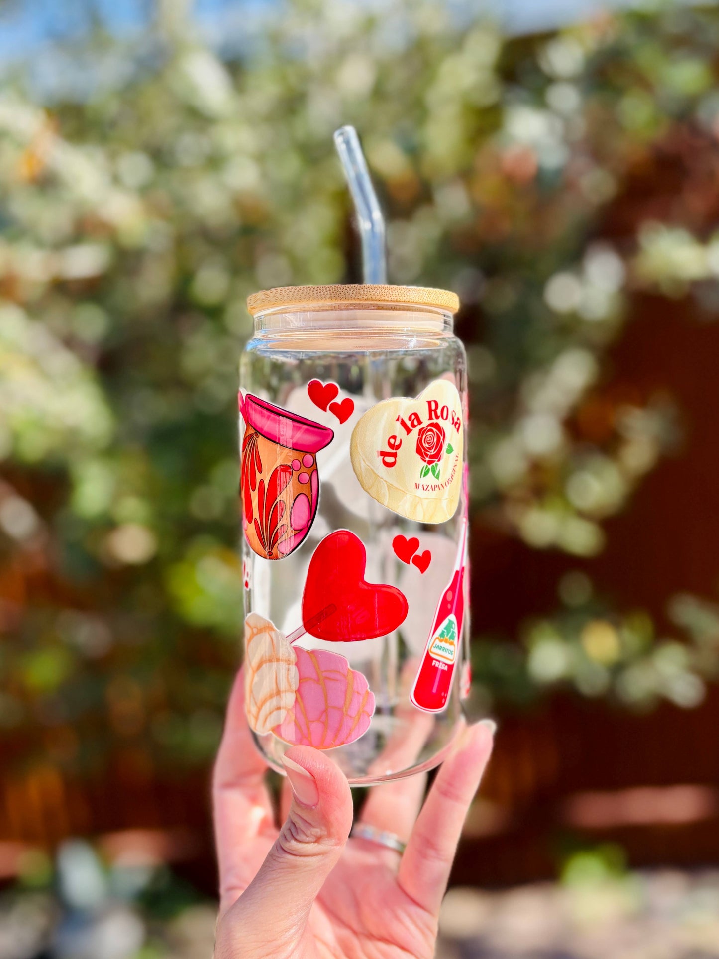 Valentine Mexican-Inspired Glass Can Cup – 16oz, Bamboo Lid