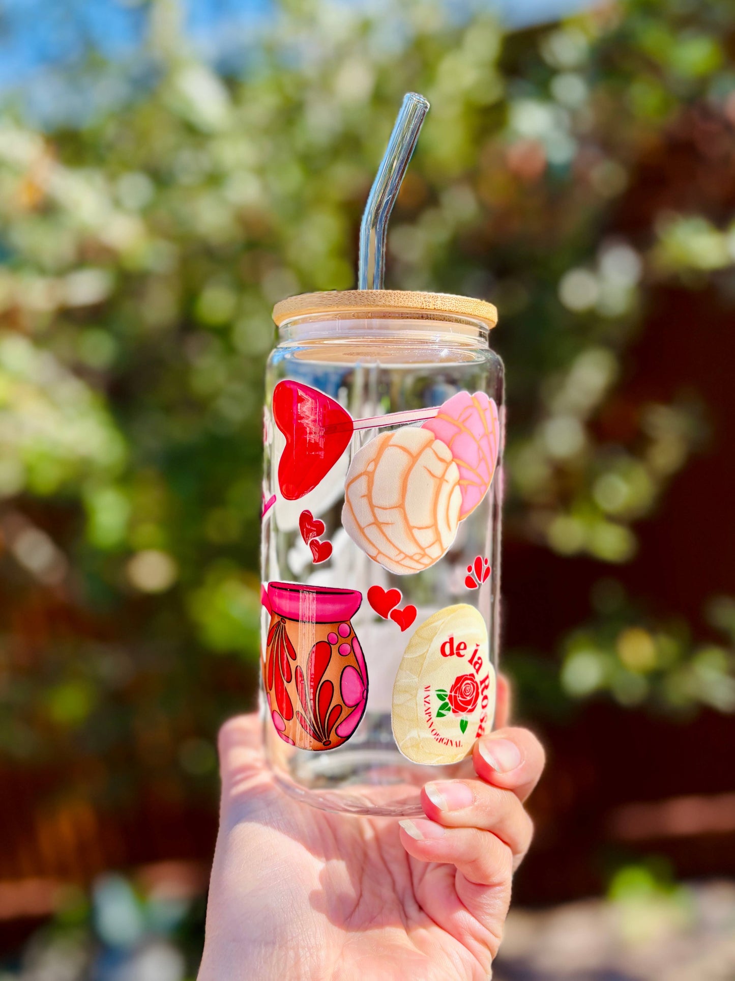 Valentine Mexican-Inspired Glass Can Cup – 16oz, Bamboo Lid