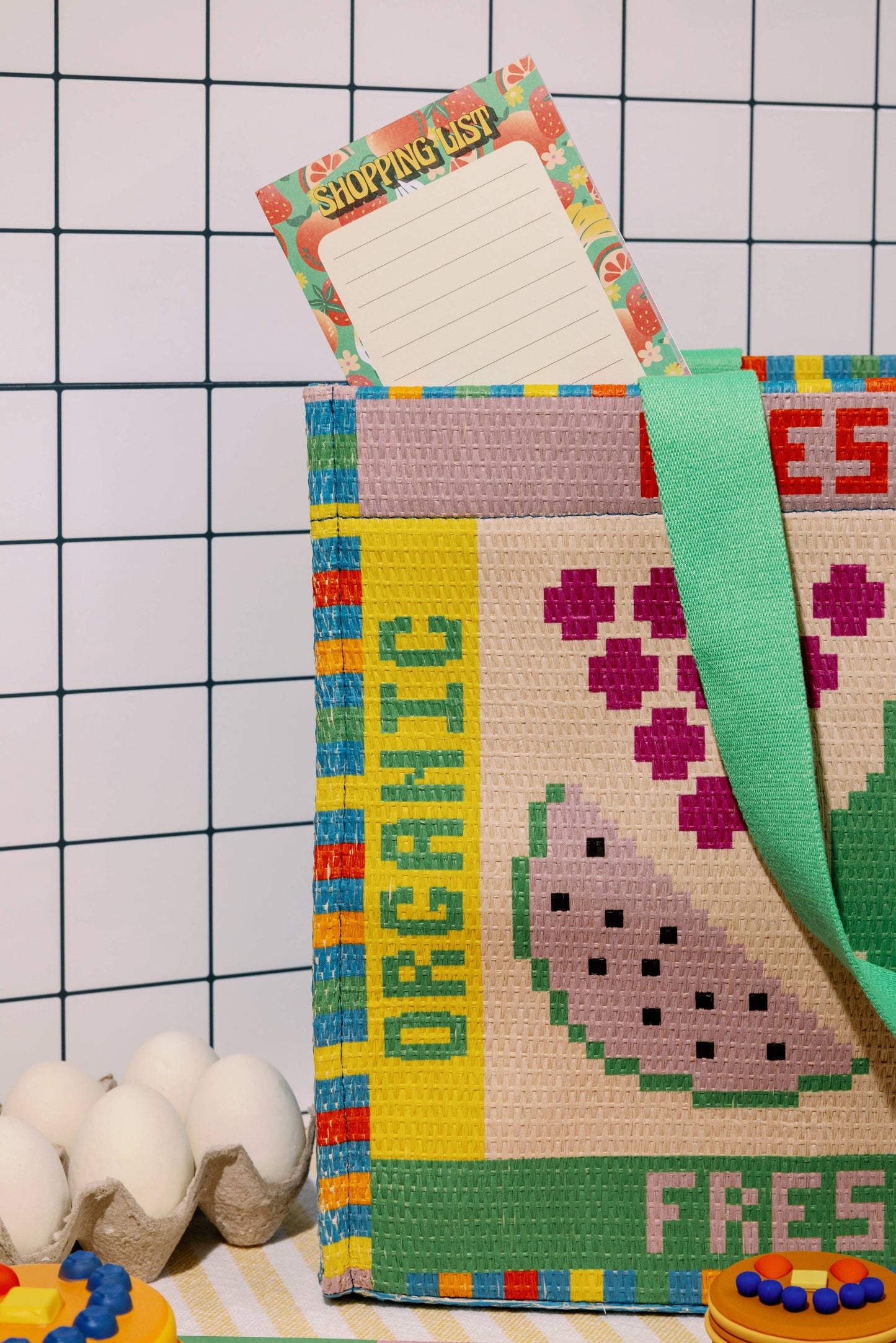 Rattan Market Bag, Fruit Tiles