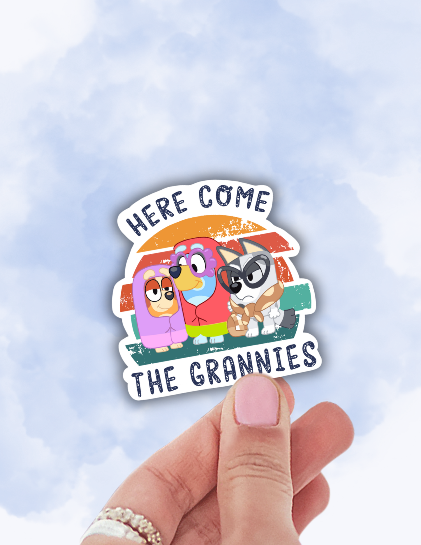 Here comes the grannies funny dog sticker, water resistant