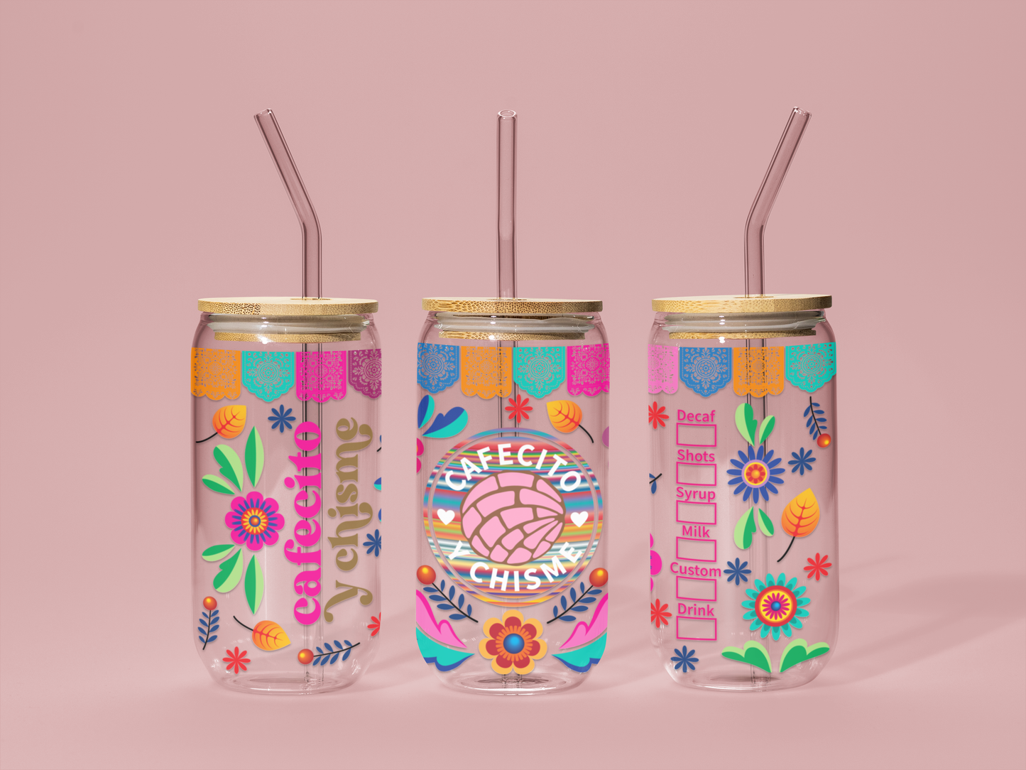 Cafecito y Chisme Glass Can with Bamboo Lid & Straw