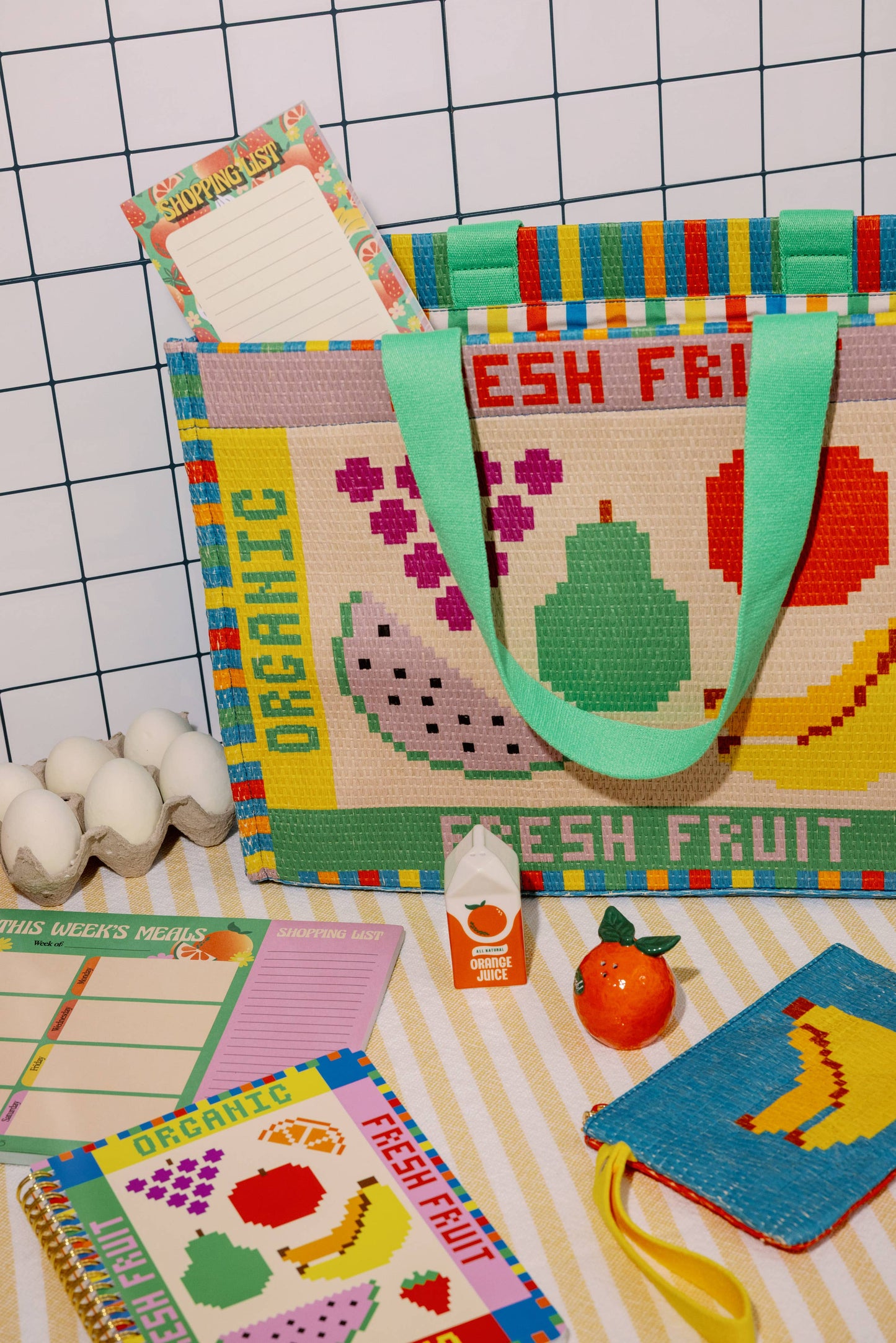 Rattan Market Bag, Fruit Tiles
