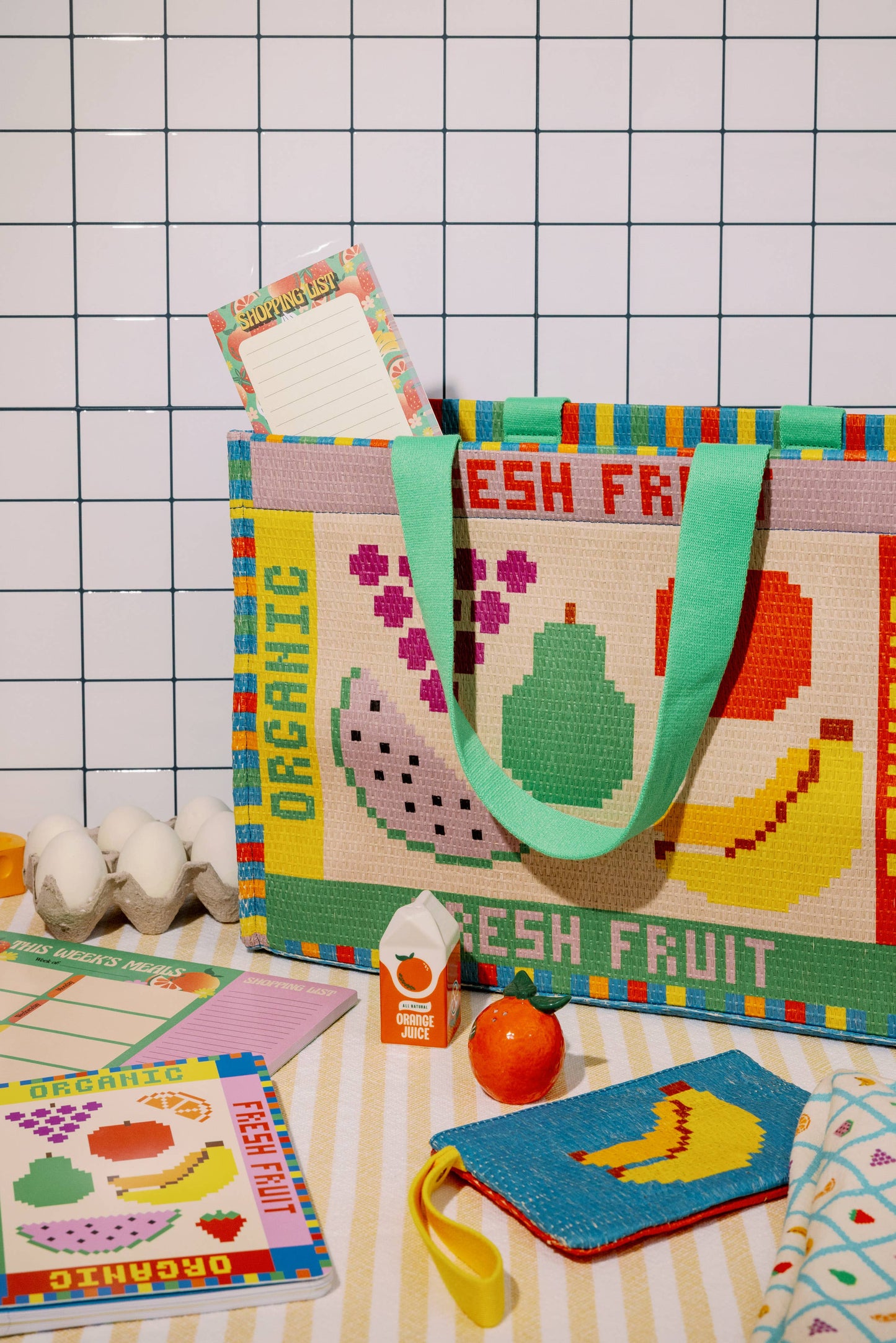 Rattan Market Bag, Fruit Tiles