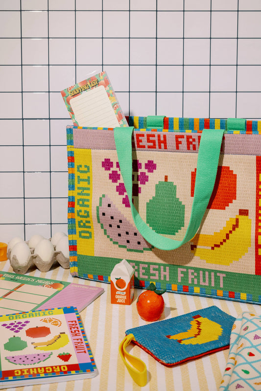 Rattan Market Bag, Fruit Tiles