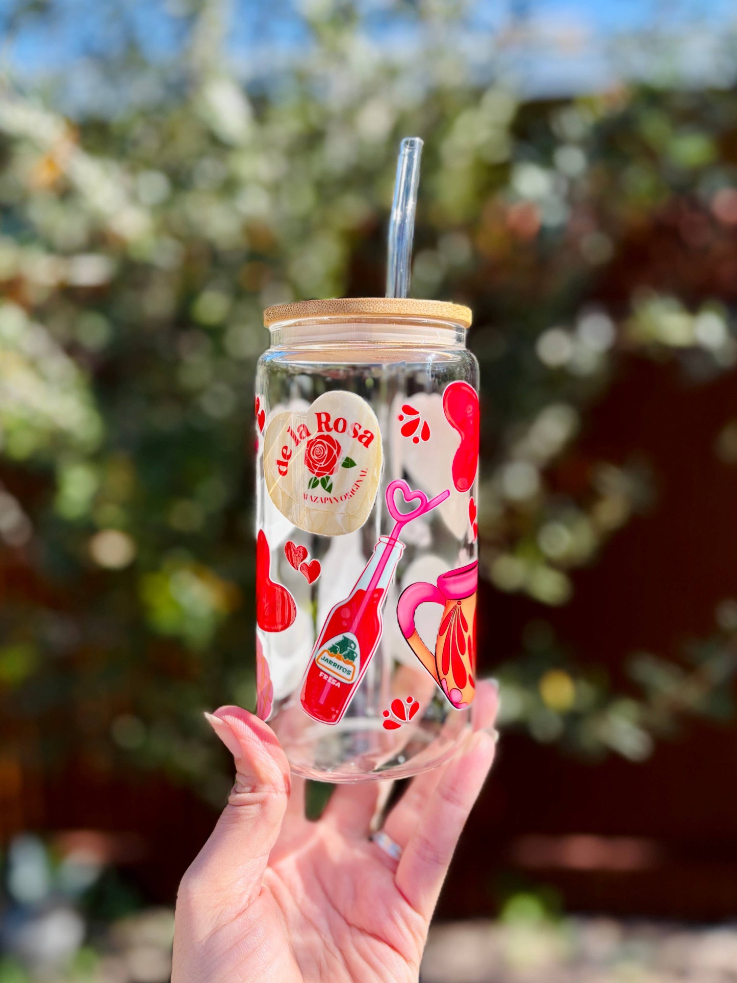 Valentine Mexican-Inspired Glass Can Cup – 16oz, Bamboo Lid