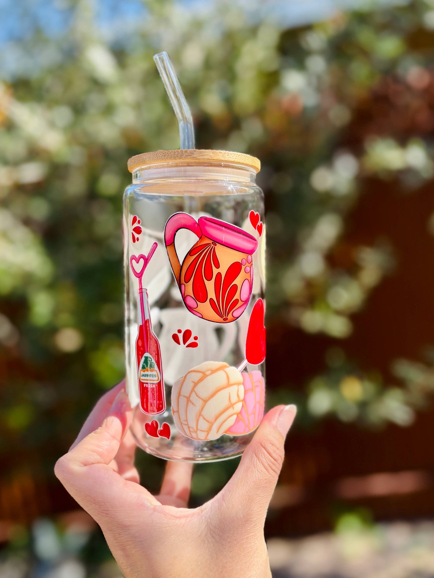 Valentine Mexican-Inspired Glass Can Cup – 16oz, Bamboo Lid